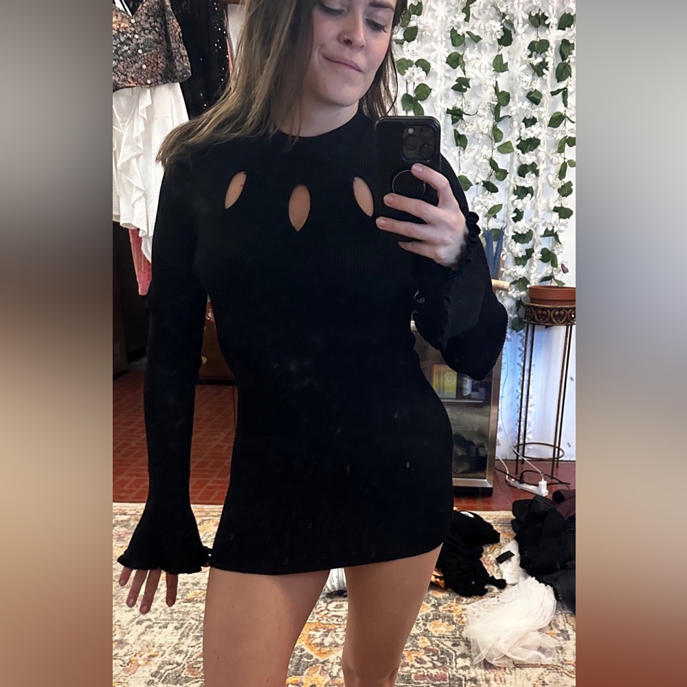 MINI black Ribbed Sweater Dress, Bell sleeve and front cutout details